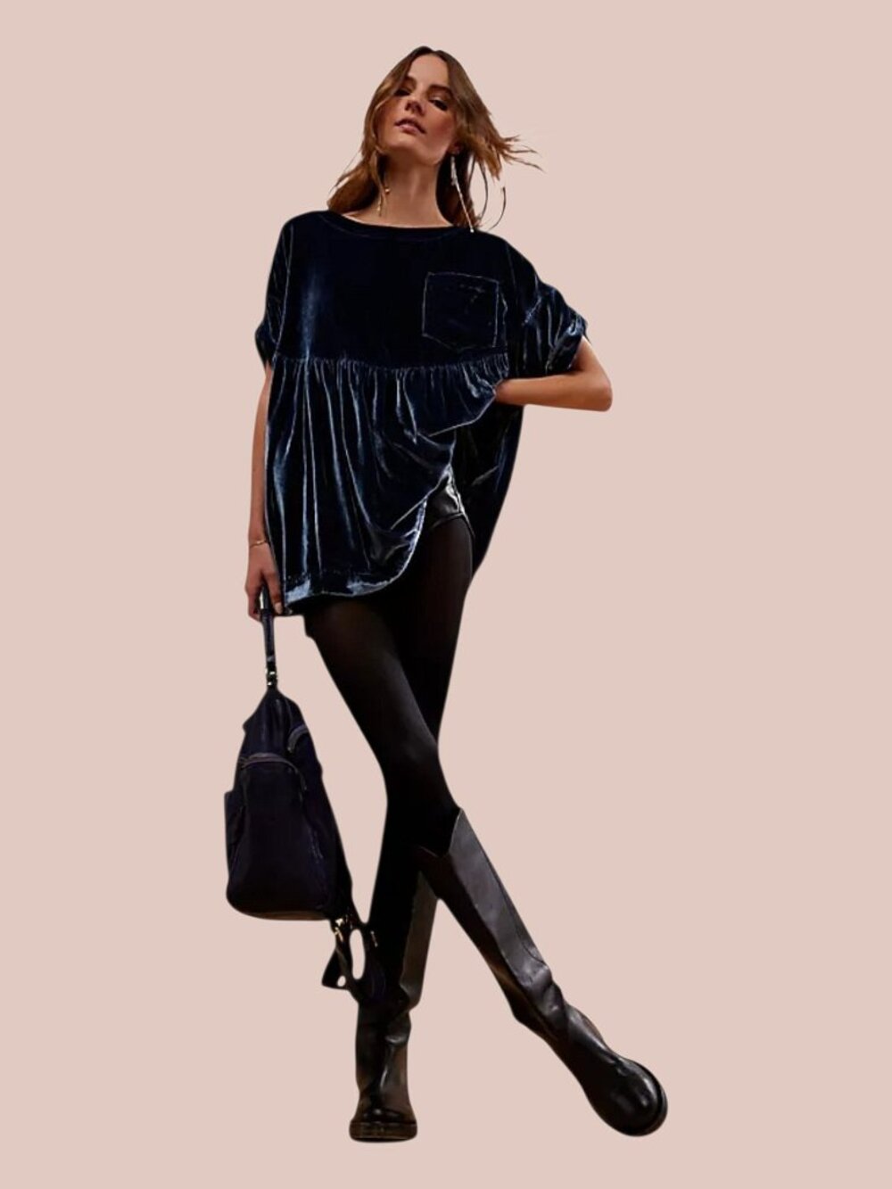 We the Free People Moon City Velvet Tunic Oversized Babydoll Top Royal Blue - Lg - Picture 4 of 11